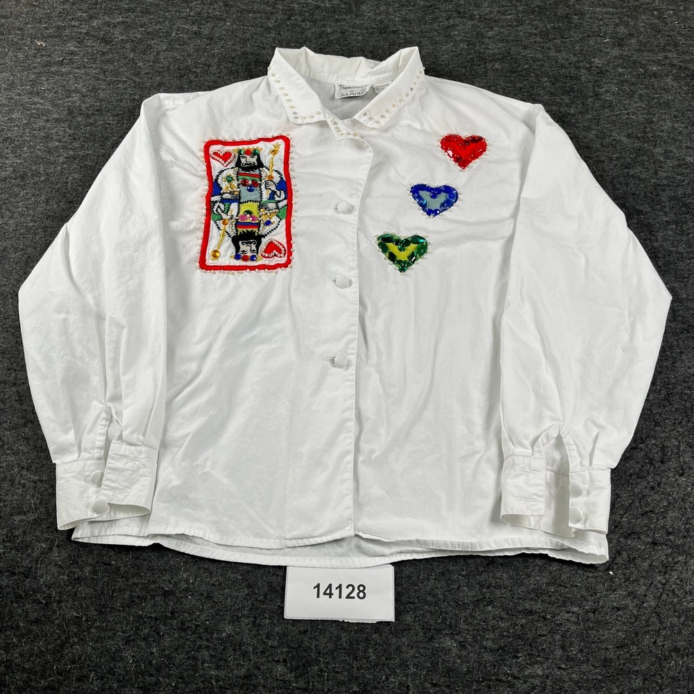 Francesca of Damon Button Up Women 12 White Good Playing Card Sequin Vintage